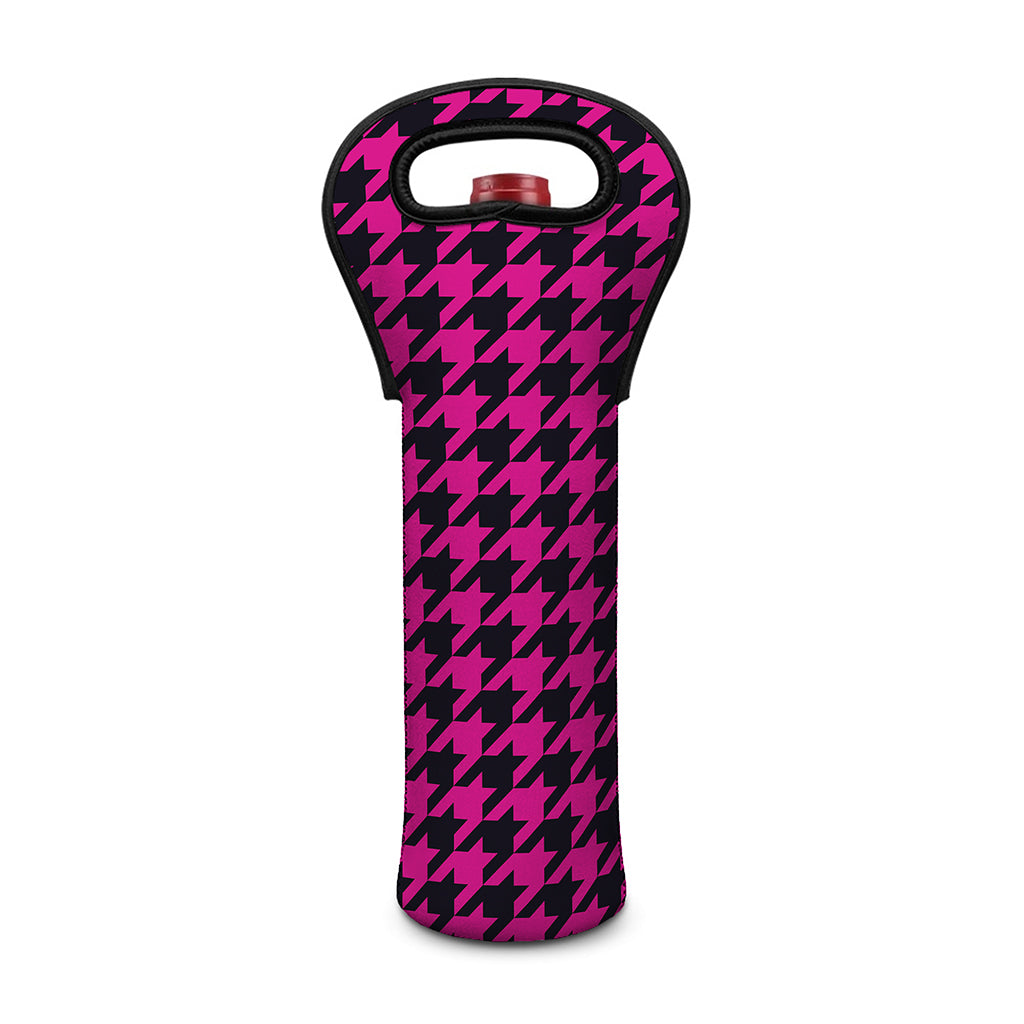 Magenta Pink And Black Houndstooth Print Single Neoprene Wine Tote