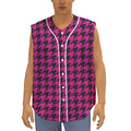 Magenta Pink And Black Houndstooth Print Sleeveless Baseball Jersey