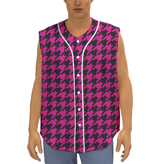 Magenta Pink And Black Houndstooth Print Sleeveless Baseball Jersey