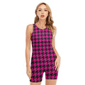Magenta Pink And Black Houndstooth Print Sleeveless One Piece Swimsuit