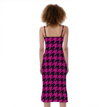 Magenta Pink And Black Houndstooth Print Slim Fit Midi Cami Dress