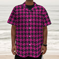 Magenta Pink And Black Houndstooth Print Textured Short Sleeve Shirt