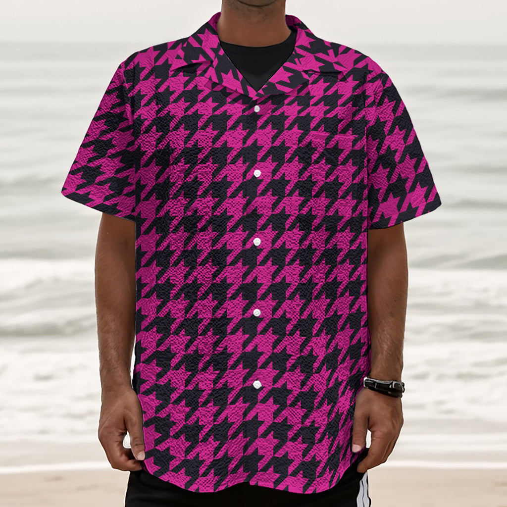 Magenta Pink And Black Houndstooth Print Textured Short Sleeve Shirt