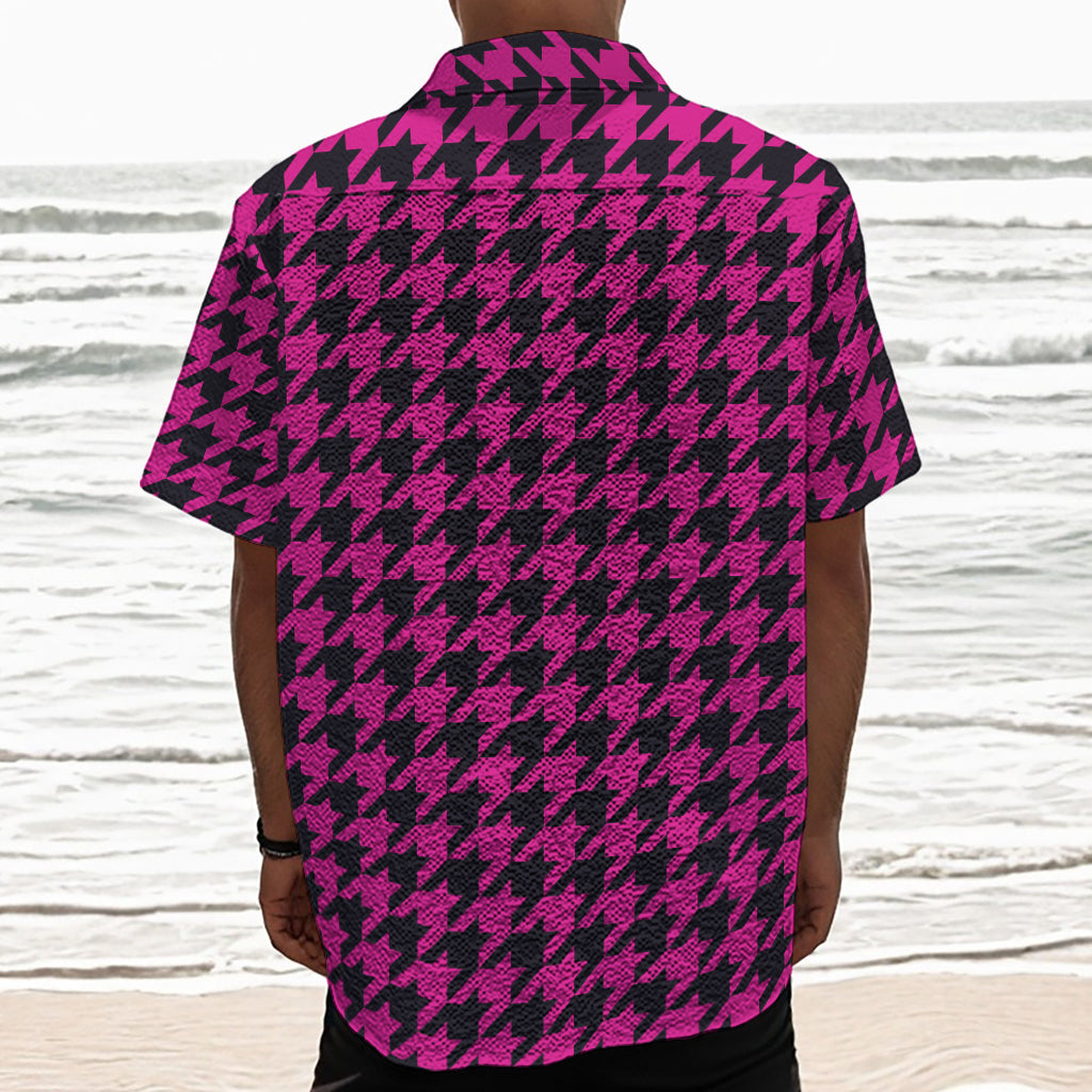 Magenta Pink And Black Houndstooth Print Textured Short Sleeve Shirt