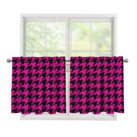 Magenta Pink And Black Houndstooth Print Tier Curtains