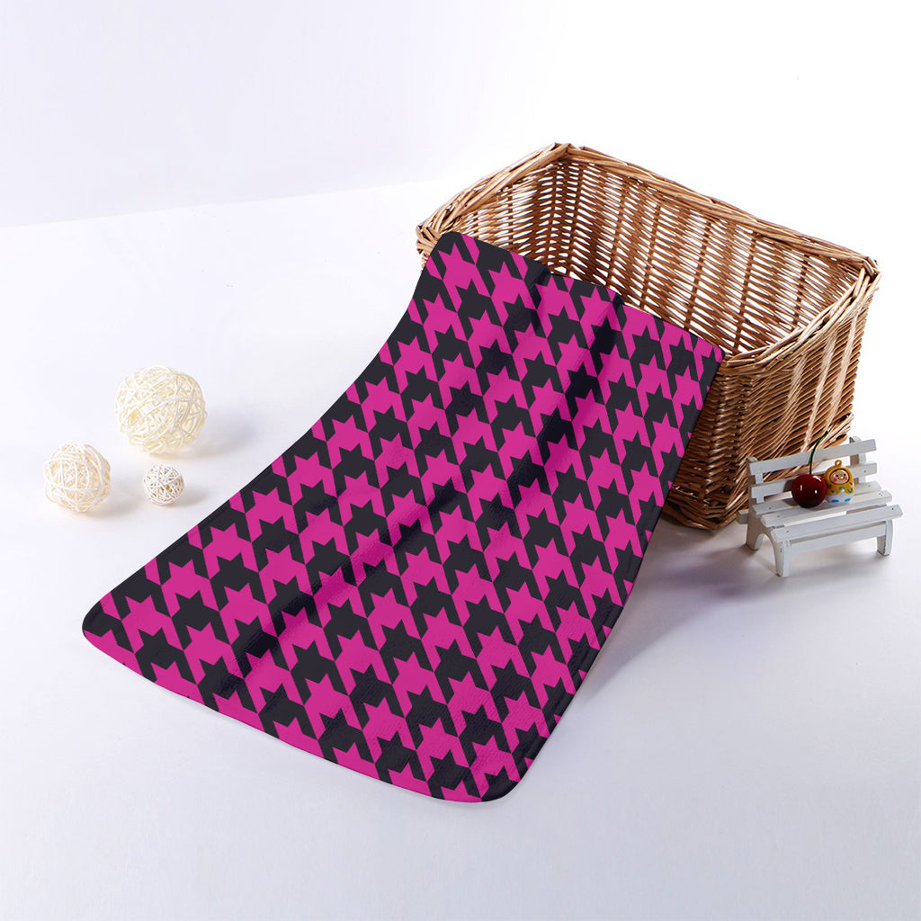 Magenta Pink And Black Houndstooth Print Towel