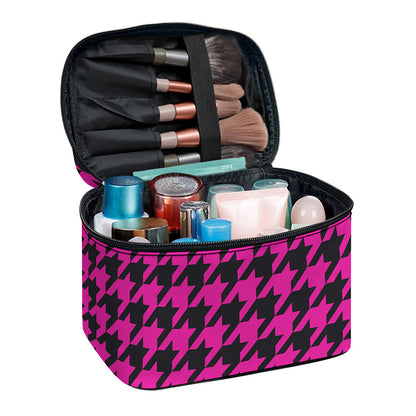 Magenta Pink And Black Houndstooth Print Travel Makeup Bag