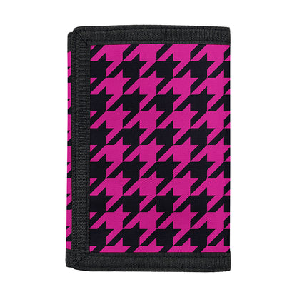 Magenta Pink And Black Houndstooth Print Trifold Wallet
