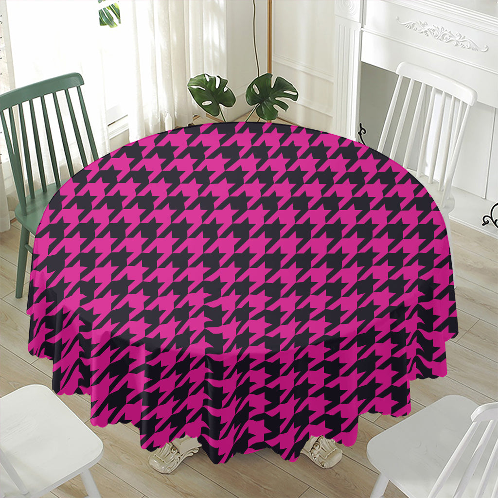 Magenta Pink And Black Houndstooth Print Waterproof Round Tablecloth