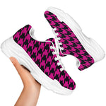 Magenta Pink And Black Houndstooth Print White Chunky Shoes