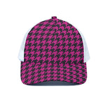 Magenta Pink And Black Houndstooth Print White Mesh Trucker Cap