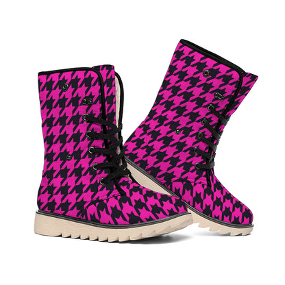 Magenta Pink And Black Houndstooth Print Winter Boots