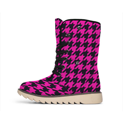 Magenta Pink And Black Houndstooth Print Winter Boots