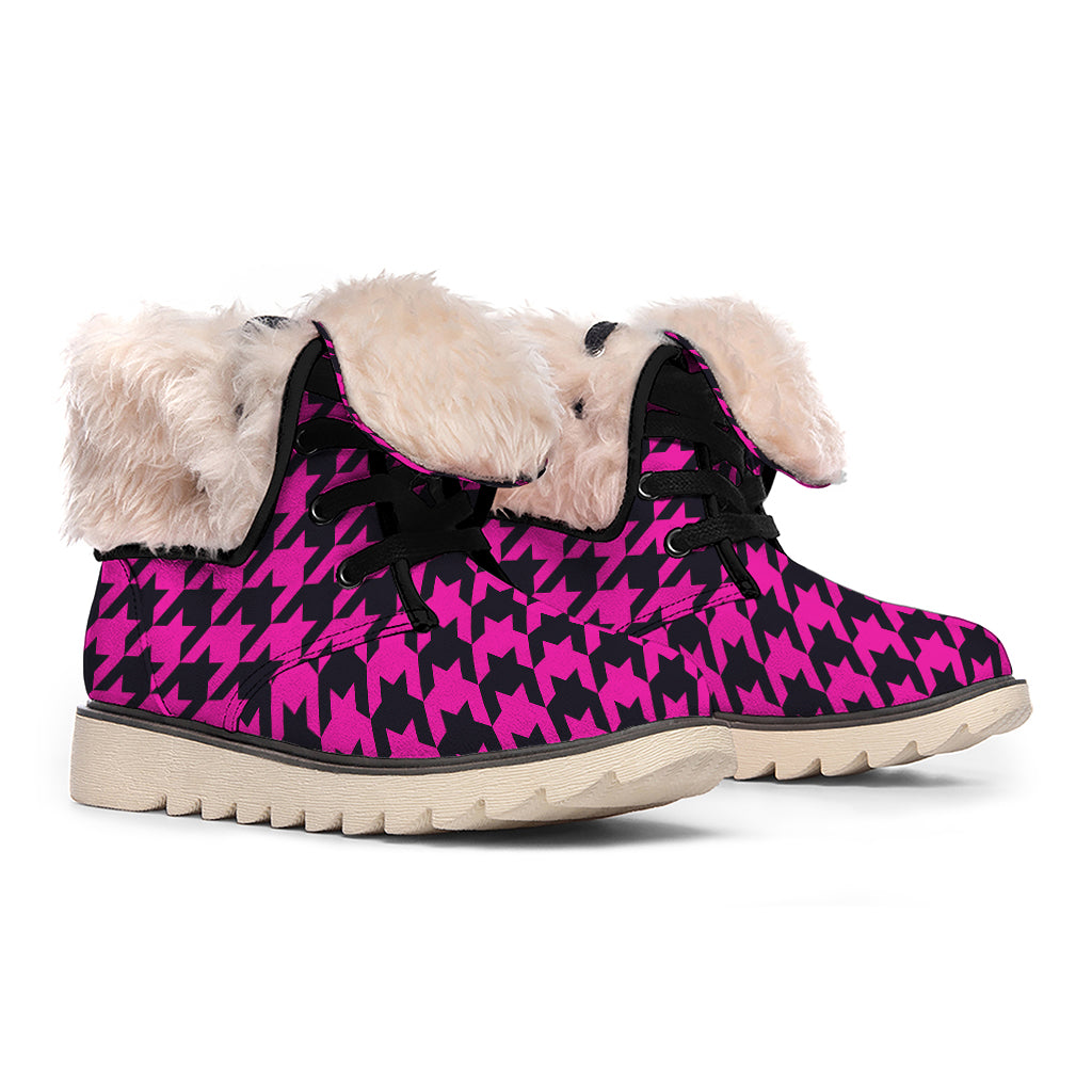 Magenta Pink And Black Houndstooth Print Winter Boots
