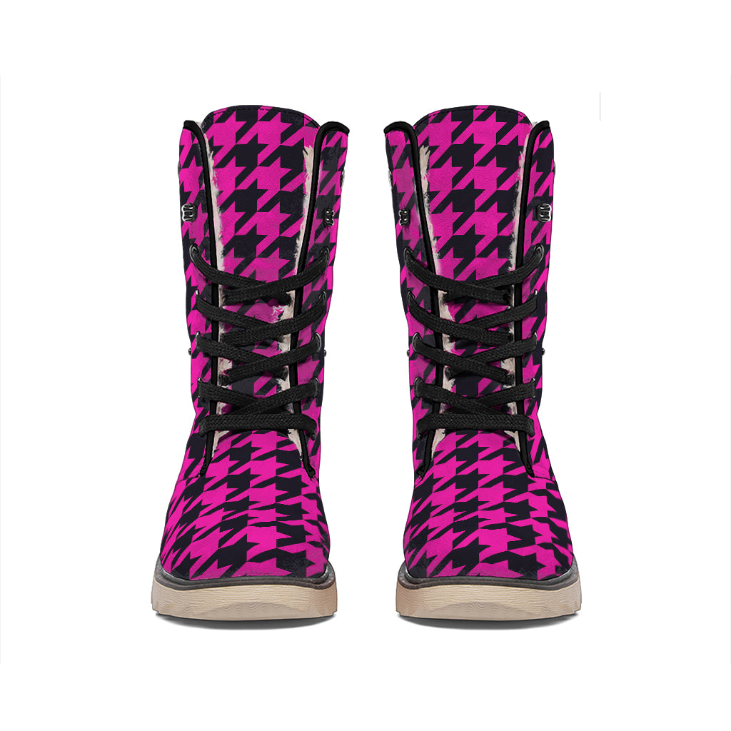 Magenta Pink And Black Houndstooth Print Winter Boots