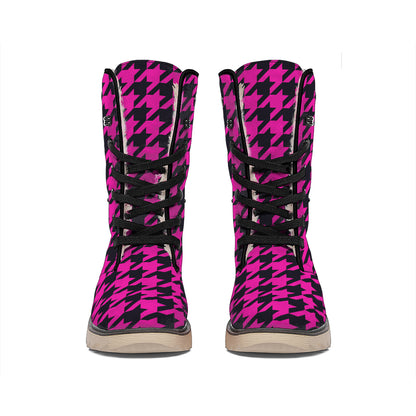 Magenta Pink And Black Houndstooth Print Winter Boots