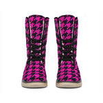 Magenta Pink And Black Houndstooth Print Winter Boots