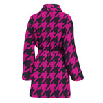 Magenta Pink And Black Houndstooth Print Women's Bathrobe