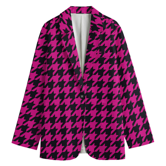 Magenta Pink And Black Houndstooth Print Women's Blazer