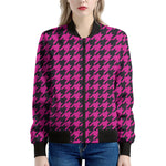 Magenta Pink And Black Houndstooth Print Women's Bomber Jacket