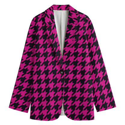 Magenta Pink And Black Houndstooth Print Women's Cotton Blazer