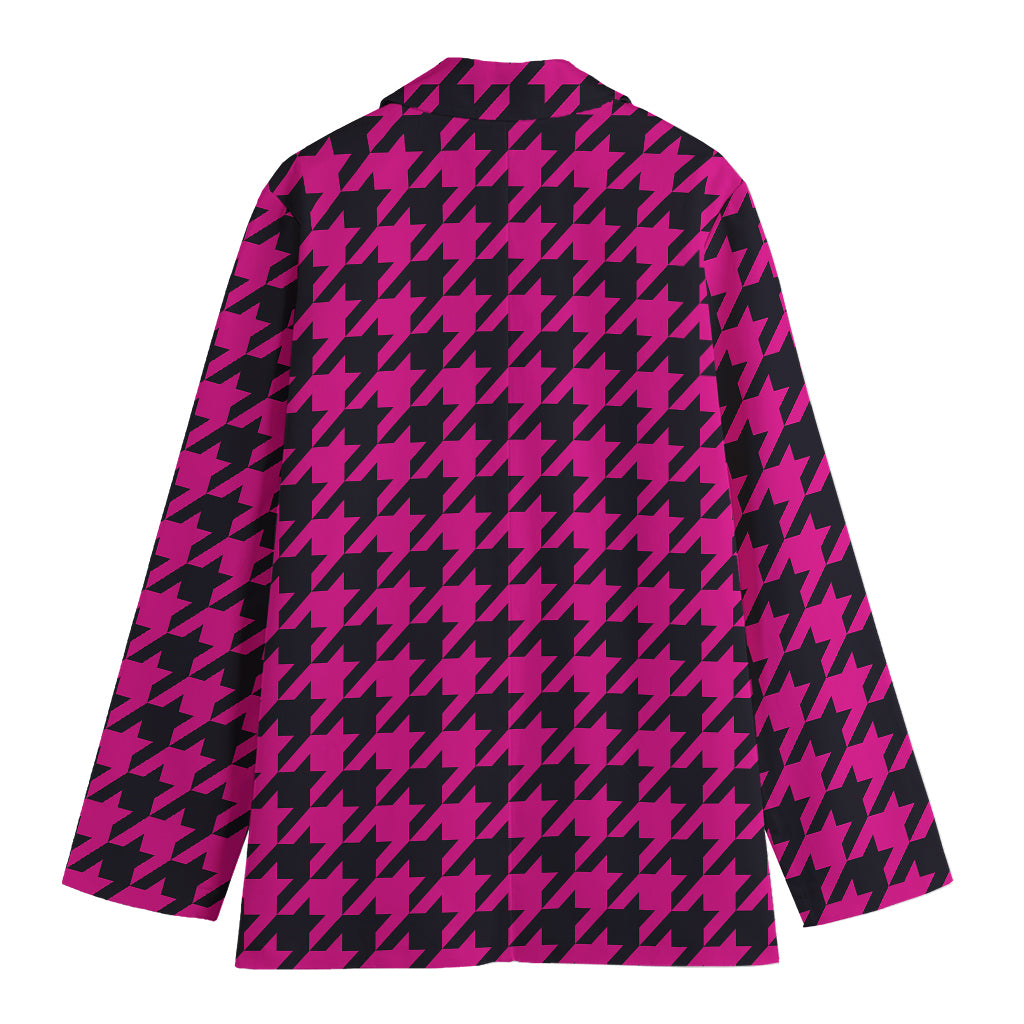 Magenta Pink And Black Houndstooth Print Women's Cotton Blazer