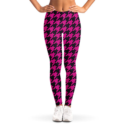 Magenta Pink And Black Houndstooth Print Women's Leggings
