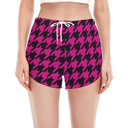 Magenta Pink And Black Houndstooth Print Women's Split Running Shorts