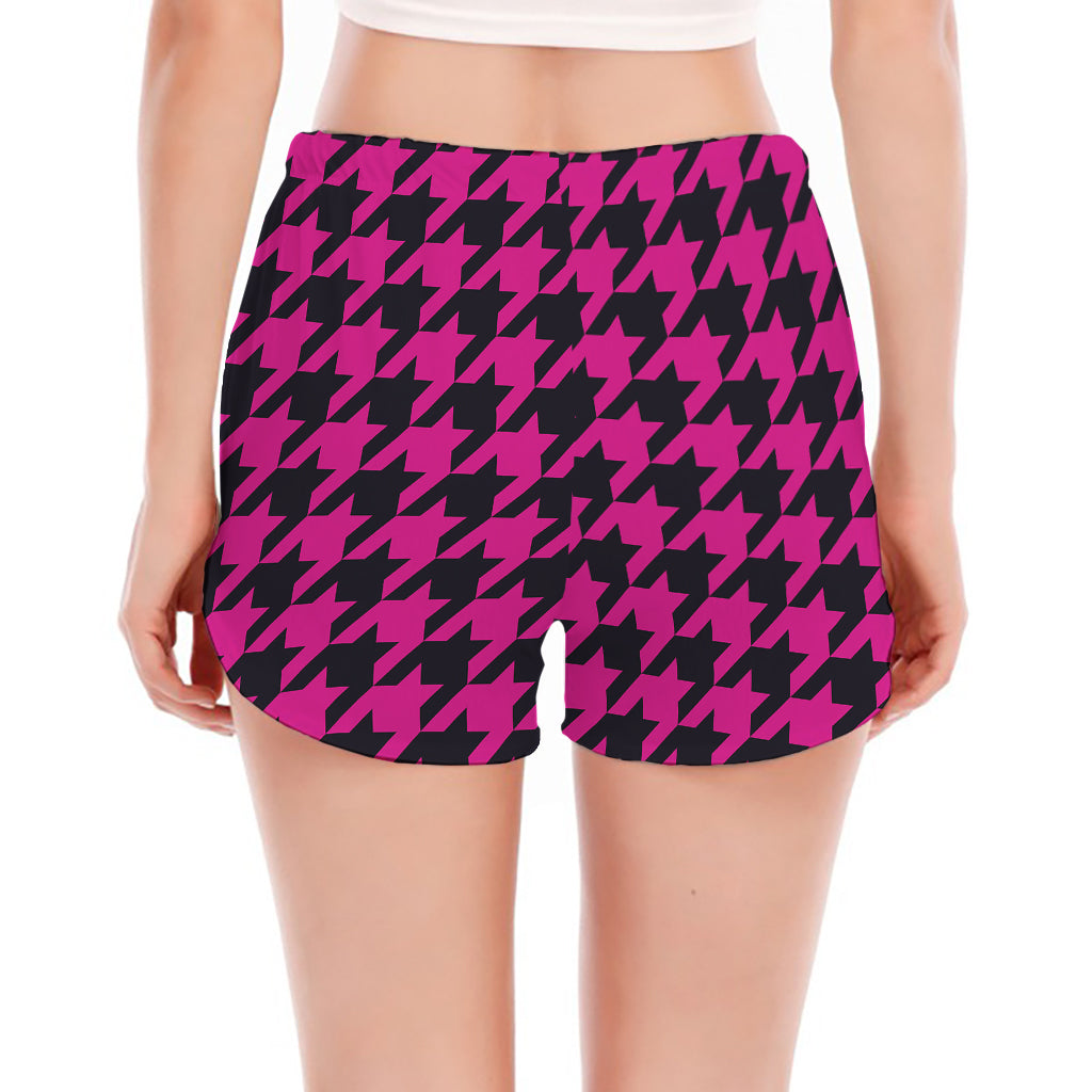 Magenta Pink And Black Houndstooth Print Women's Split Running Shorts