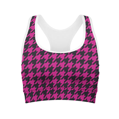 Magenta Pink And Black Houndstooth Print Women's Sports Bra