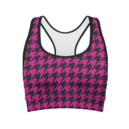 Magenta Pink And Black Houndstooth Print Women's Sports Bra