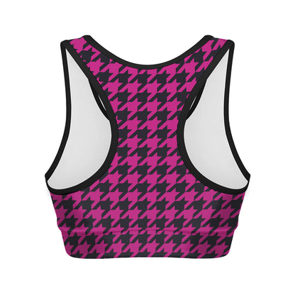 Magenta Pink And Black Houndstooth Print Women's Sports Bra
