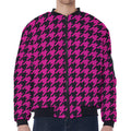 Magenta Pink And Black Houndstooth Print Zip Sleeve Bomber Jacket