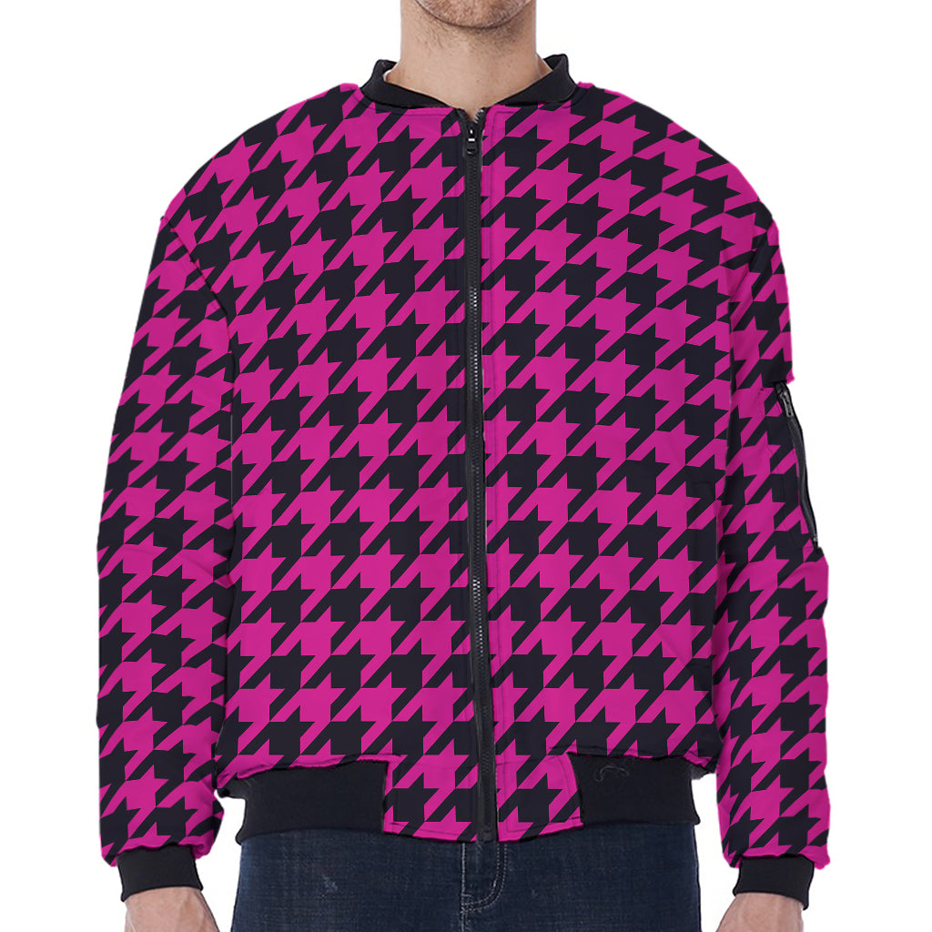 Magenta Pink And Black Houndstooth Print Zip Sleeve Bomber Jacket