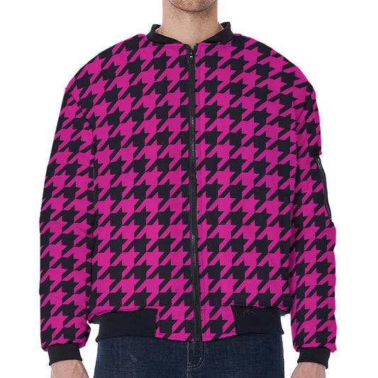 Magenta Pink And Black Houndstooth Print Zip Sleeve Bomber Jacket