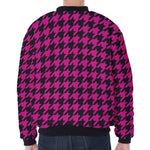 Magenta Pink And Black Houndstooth Print Zip Sleeve Bomber Jacket