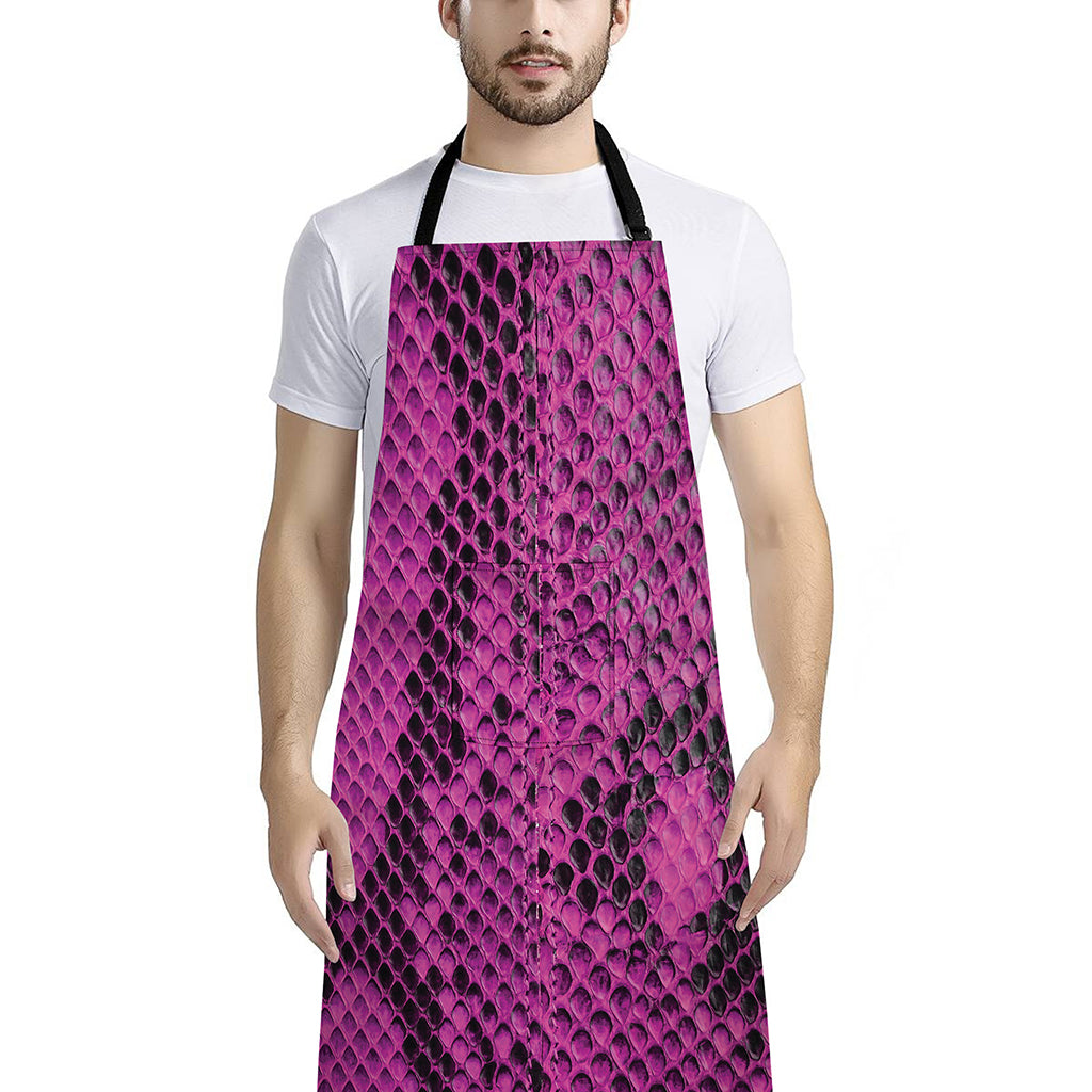Magenta Pink And Black Snakeskin Print Bib Apron With Pocket