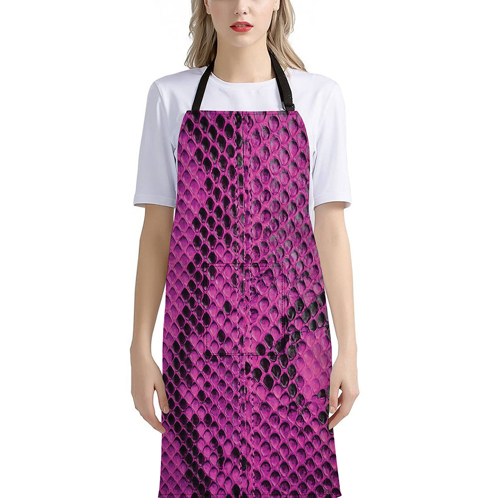 Magenta Pink And Black Snakeskin Print Bib Apron With Pocket