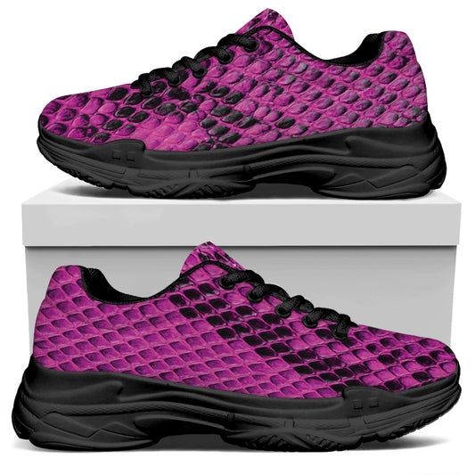 Magenta Pink And Black Snakeskin Print Black Chunky Shoes