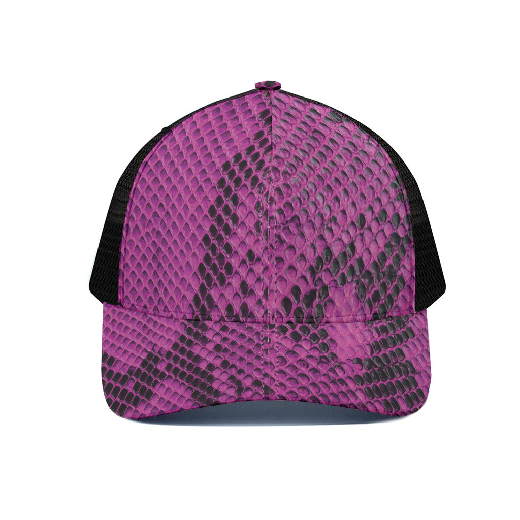 Magenta Pink And Black Snakeskin Print Black Mesh Trucker Cap