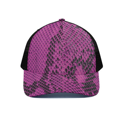 Magenta Pink And Black Snakeskin Print Black Mesh Trucker Cap