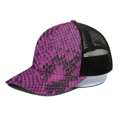 Magenta Pink And Black Snakeskin Print Black Mesh Trucker Cap