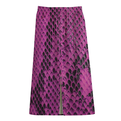 Magenta Pink And Black Snakeskin Print Cotton Front Slit Maxi Skirt