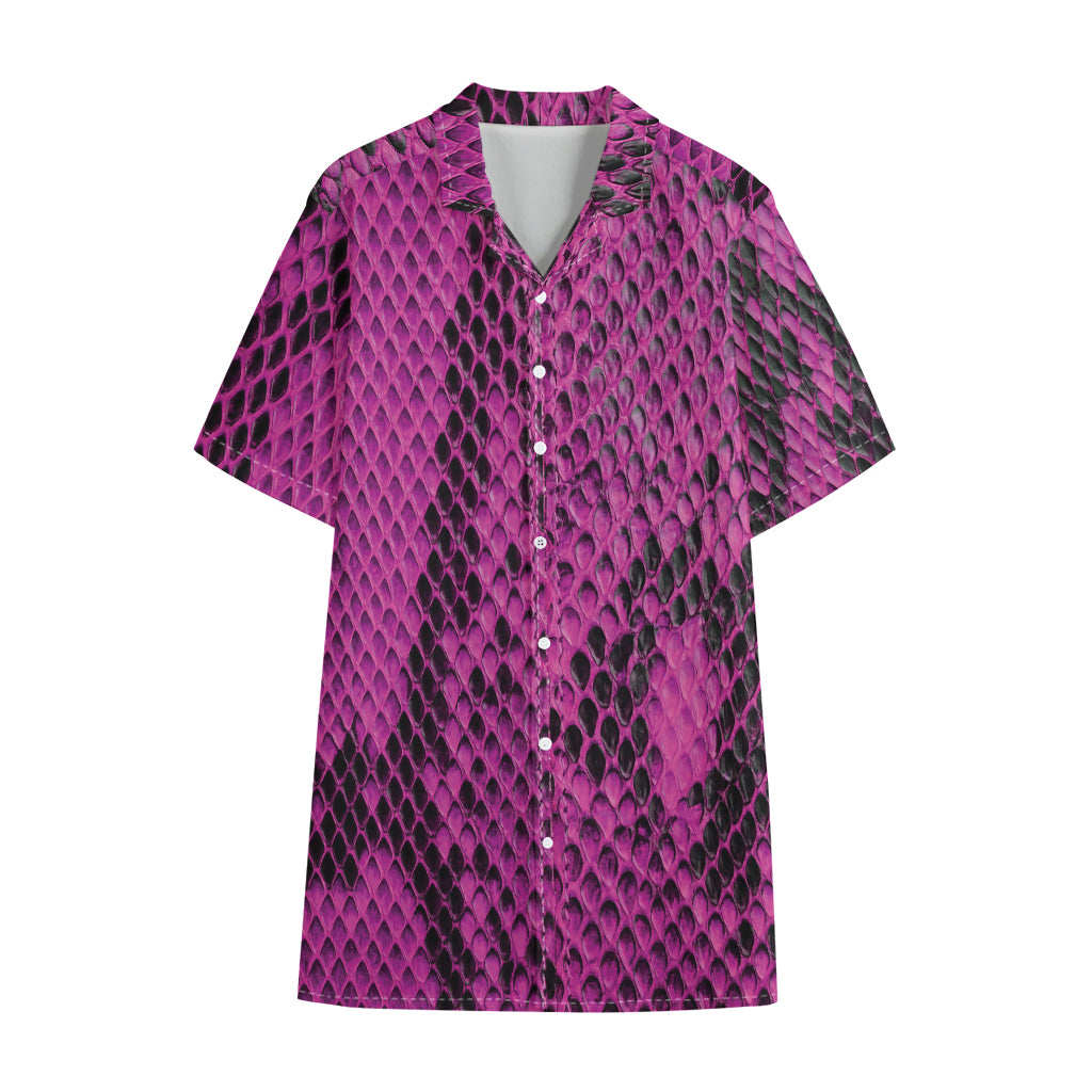 Magenta Pink And Black Snakeskin Print Cotton Hawaiian Shirt