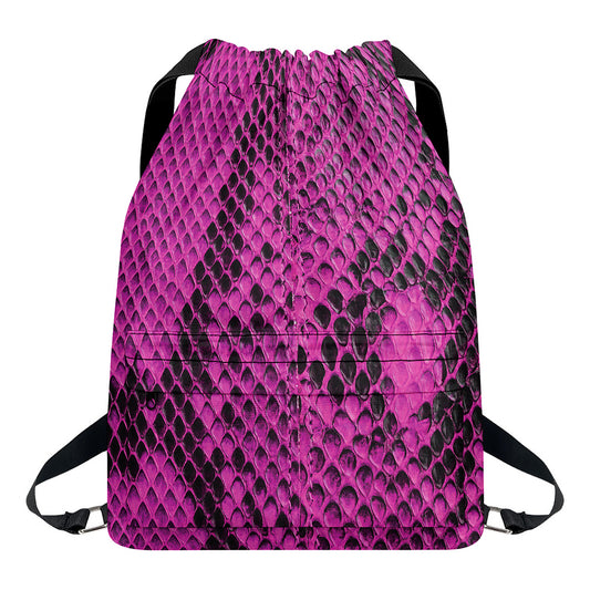 Magenta Pink And Black Snakeskin Print Drawstring Backpack
