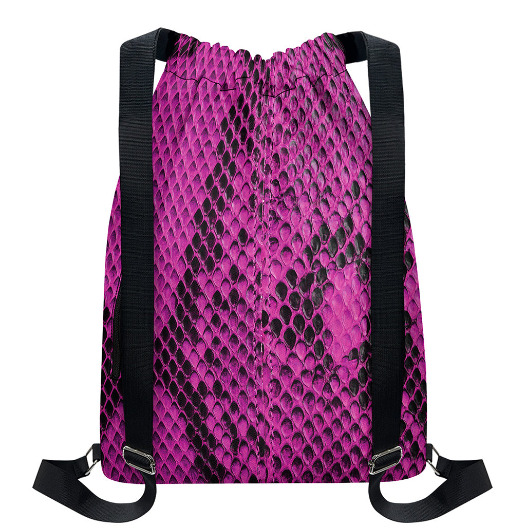 Magenta Pink And Black Snakeskin Print Drawstring Backpack