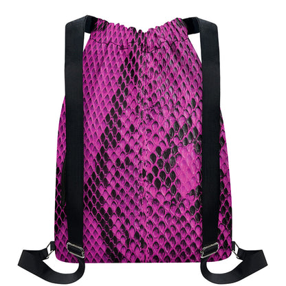 Magenta Pink And Black Snakeskin Print Drawstring Backpack
