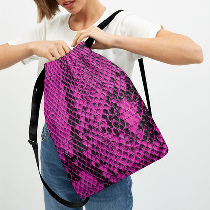 Magenta Pink And Black Snakeskin Print Drawstring Backpack