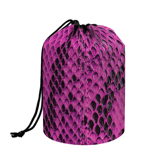 Magenta Pink And Black Snakeskin Print Drawstring Makeup Bag