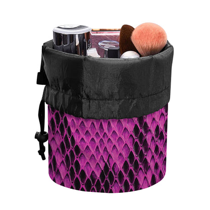 Magenta Pink And Black Snakeskin Print Drawstring Makeup Bag
